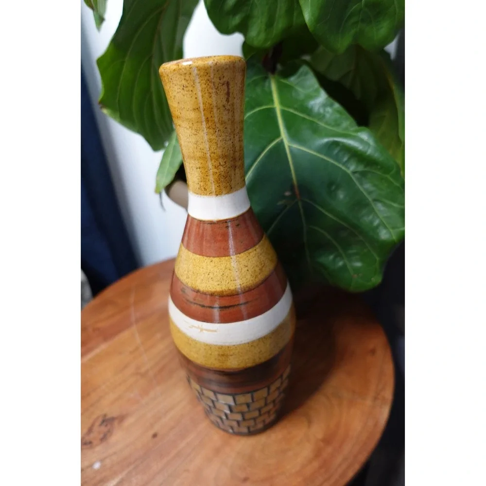 Striped Ceramic Vase with Brick Design, Vintage Decorative‎ Accent Vase